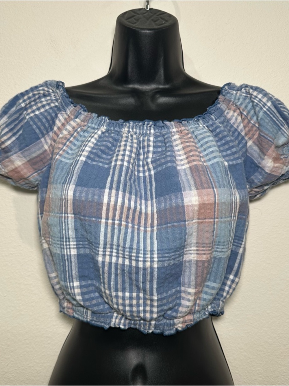 American Eagle Women’s Cropped Blue White Plaid Off The Shoulder Lined Top Boho